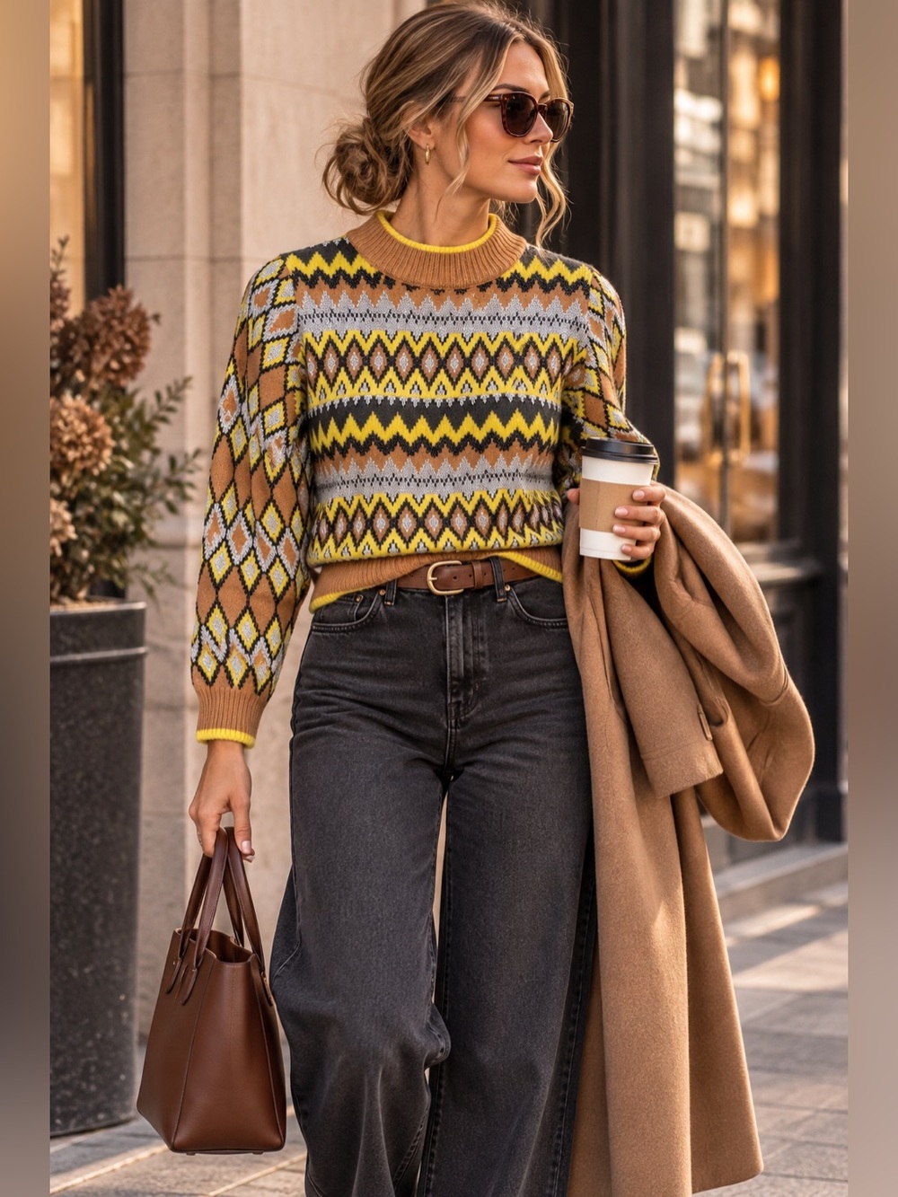 Zara Knit Fair Isle Sweater M Cropped Yellow Camel Gray Metallic Silver